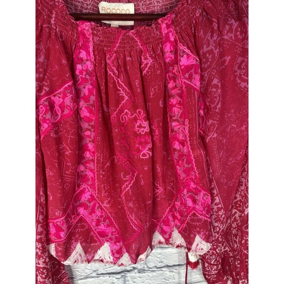 ROCOCO SAND Women's Hot Pink Tassel Tie Waist Silk Blouse Medium - Picture 2 of 7